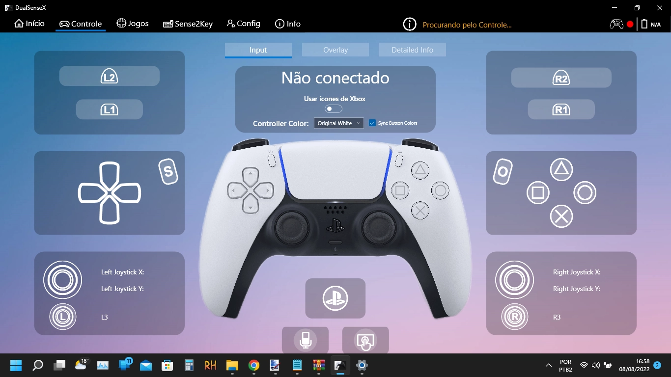 Captura de tela do DualSenseX mostrando seu menu "Controle" no qual ele lista o gamepad do PS5 com as opções ilustradas para sua configuração. Ele mostra inclusive um controle do PS5 real para melhor ilustrar a configuração do usuário.