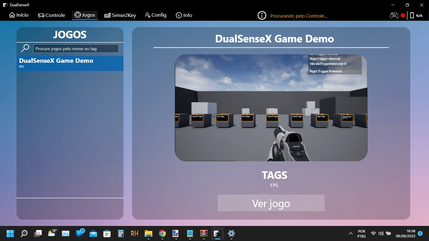 Captura de tela do DualSenseX mostrando seu menu "Jogos" no qual é possível rodar um minigame do programa para testar as configurações do controle em tempo real.