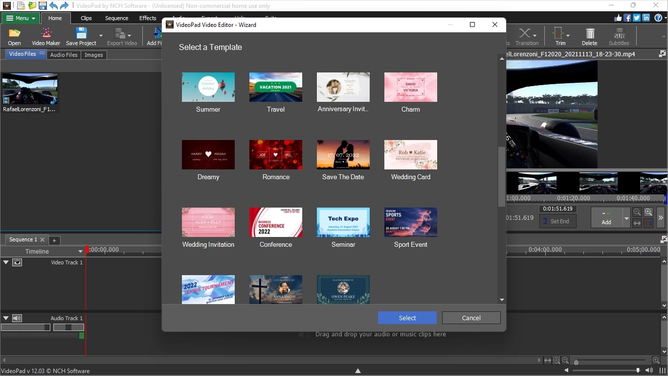 Captura de tela demonstrativa do videopad com destaque para seus templates prontos