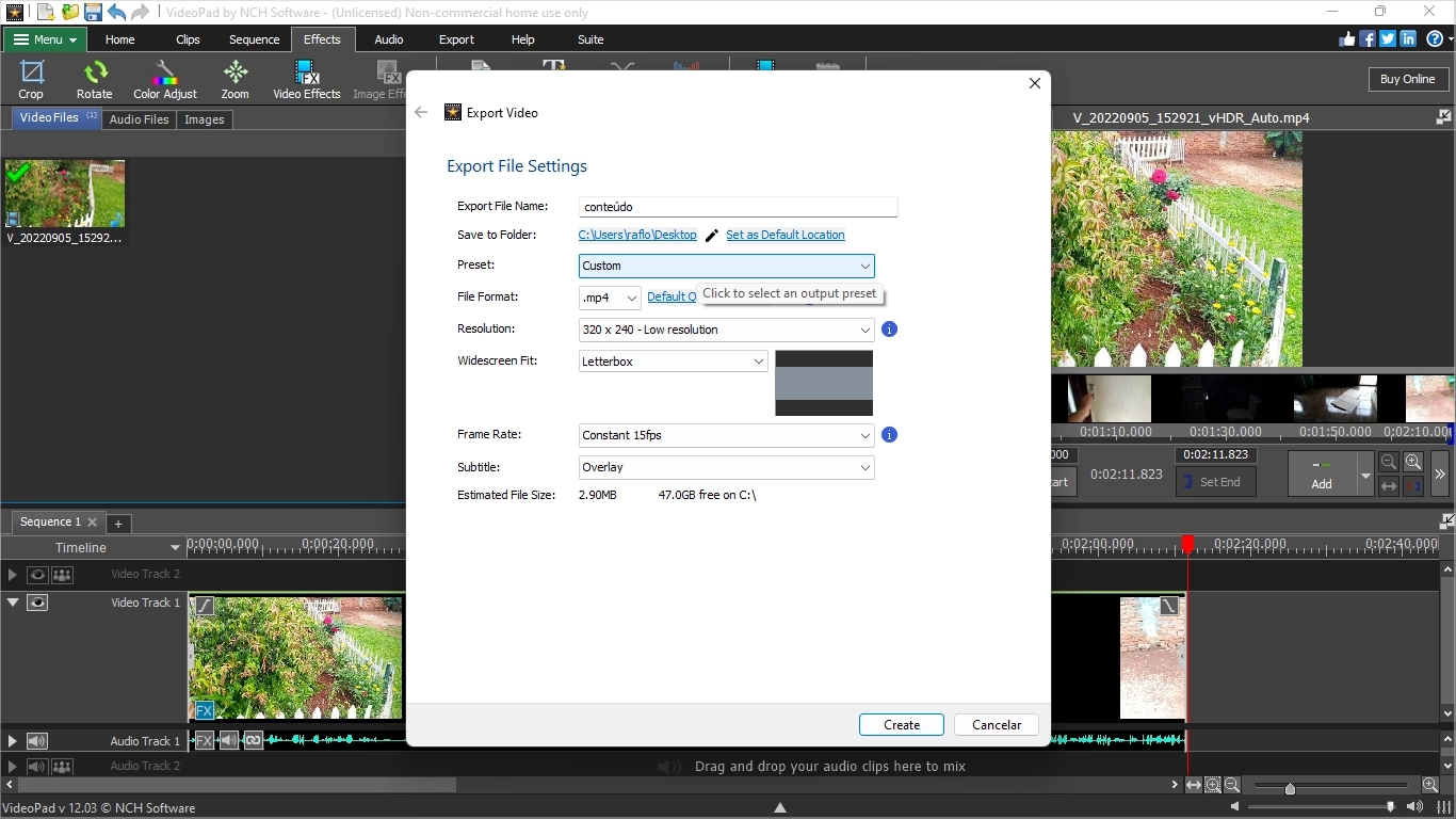 Captura de tela demonstrativa do videopad com destaque para sua opcao de salvamento de arquivo