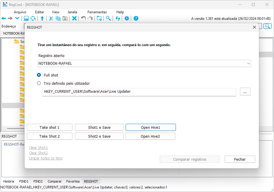 Captura de tela do RegCool mostrando sua opcao REGSHOT