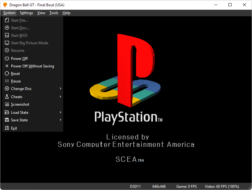 Captura de tela demonstrativa do DuckStation mostrando a segunda tela inicial da emulação, que é uma imagem preta com a logo do PlayStation. O menu "System" do emulador está aberto mostrando as opções respectivas.
