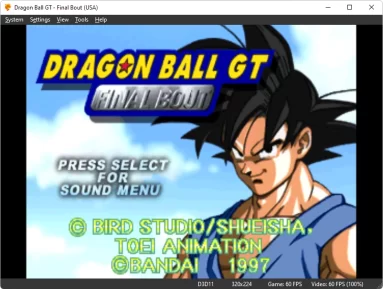Captura de tela demonstrativa do DuckStation mostrando um jogo efetivamente carregado. O jogo é o Dragon Ball GT Final Bout em sua tela inicial.