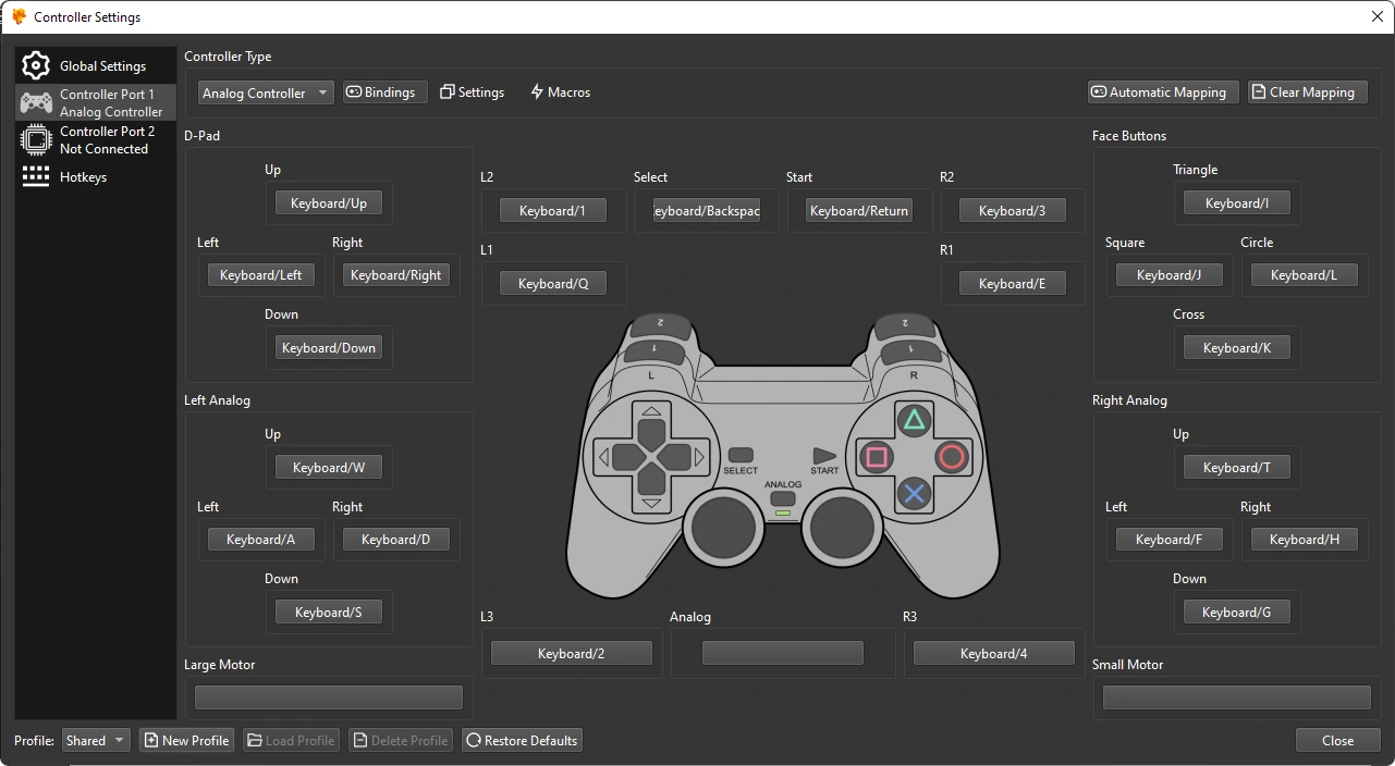 Captura de tela demonstrativa do DuckStation mostrando sua tela de configuração do gamepad.