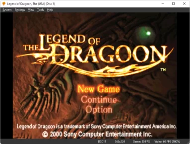 Captura de tela demonstrativa do DuckStation mostrando um jogo efetivamente carregado. O jogo é o Legend of the dragoon em sua tela inicial.
