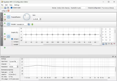 Captura de tela demonstrativa do Equalizer APO em sua tela de configuração e edição.