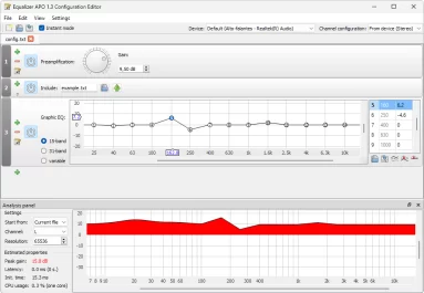 Captura de tela demonstrativa do Equalizer APO em sua tela de configuração e edição mostrando suas opções em interface.
