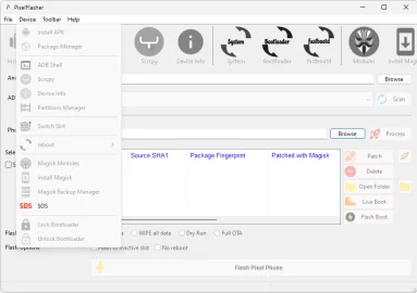 Captura de tela demonstrativa do pixelflasher com seu menu 
