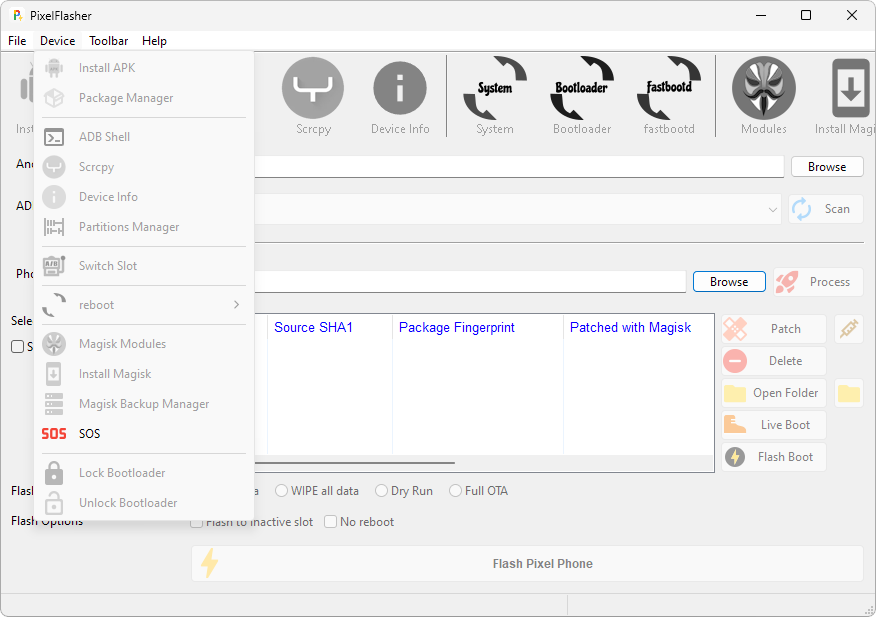 Captura de tela demonstrativa do pixelflasher com seu menu "Device" aberto.