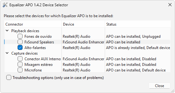 Tela de instalacao equalizer APO