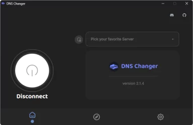 Captura de tela demonstrativa do DNS Changer em sua tela inicial. Ela mostra que o programa não está ativo no sistema.