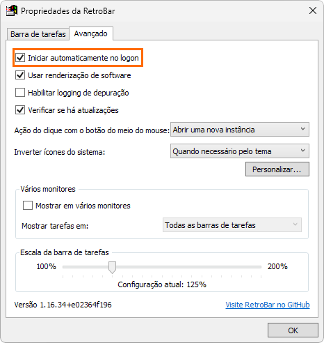 Retrobar mostrando a opcao iniciar automaticamente no logon