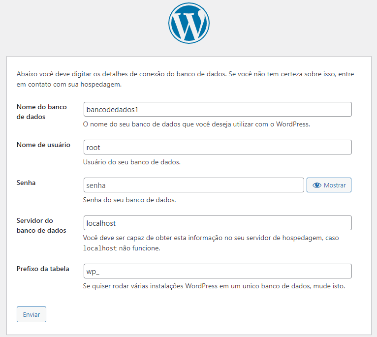 Captura de de tela exemplo da configuração do banco de dados com o WordPress. Este procedimento ilustra o processo a partir do WampServer.