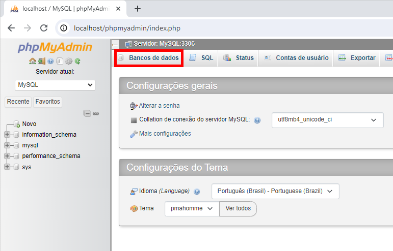 phpmyadmin rodando no WampServer com destaque para a opção "Bancos de dados".