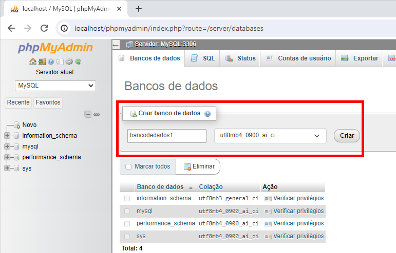phpmyadmin rodando no WampServer com destaque para as opções de criação do banco de dados.