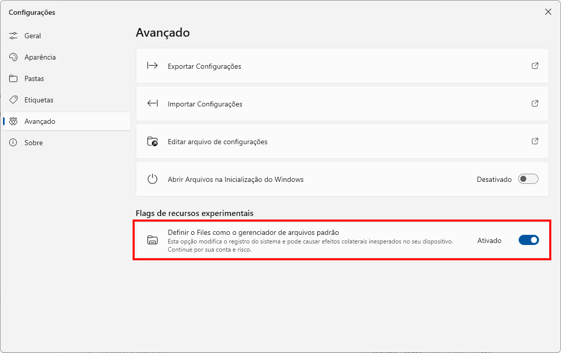 Captura de tela do Files com destaque para sua opção que permite definir o Files como gerenciador de arquivos padrão do Windows.