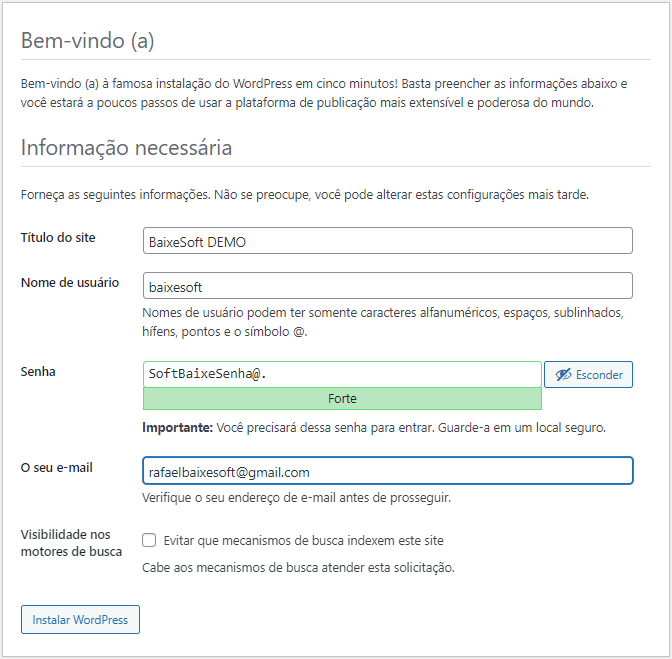 Captura de tela exemplo da tela de criação de um site em WordPress feito no WampServer. Mostra as opções de título do site, nome de usuário, senha e e-mail.