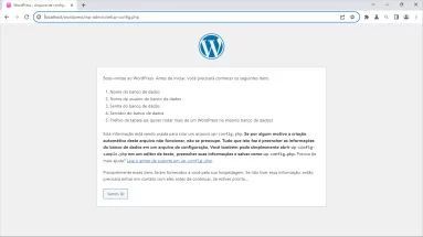 Captura de tela exemplo da tela de boas-vindas ao WordPress que está rodando no WampServer.
