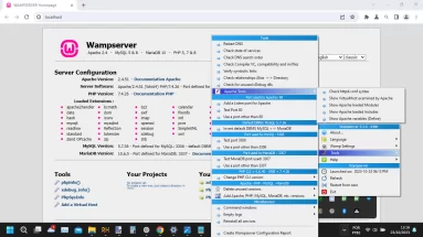 Captura de tela exemplo de opções disponíveis a partir do ícone do WampServer na área de notificação do Windows. Ela destaca as opções disponíveis em 