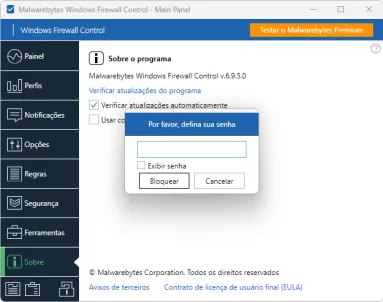 Captura de tela demonstrativa do Windows Firewall Control mostrando sua opção de inserir senha ao programa.