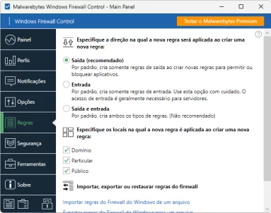 Captura de tela demonstrativa do Windows Firewall Control mostrando seu menu 