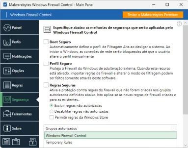 Captura de tela demonstrativa do Windows Firewall Control mostrando seu menu 
