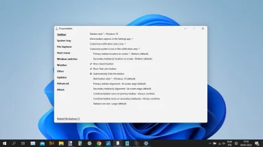 Captura de tela do menu de opções do explorerpatcher no Windows 11. Ele mostra a tela inicial do menu do Explorerpatcher.
