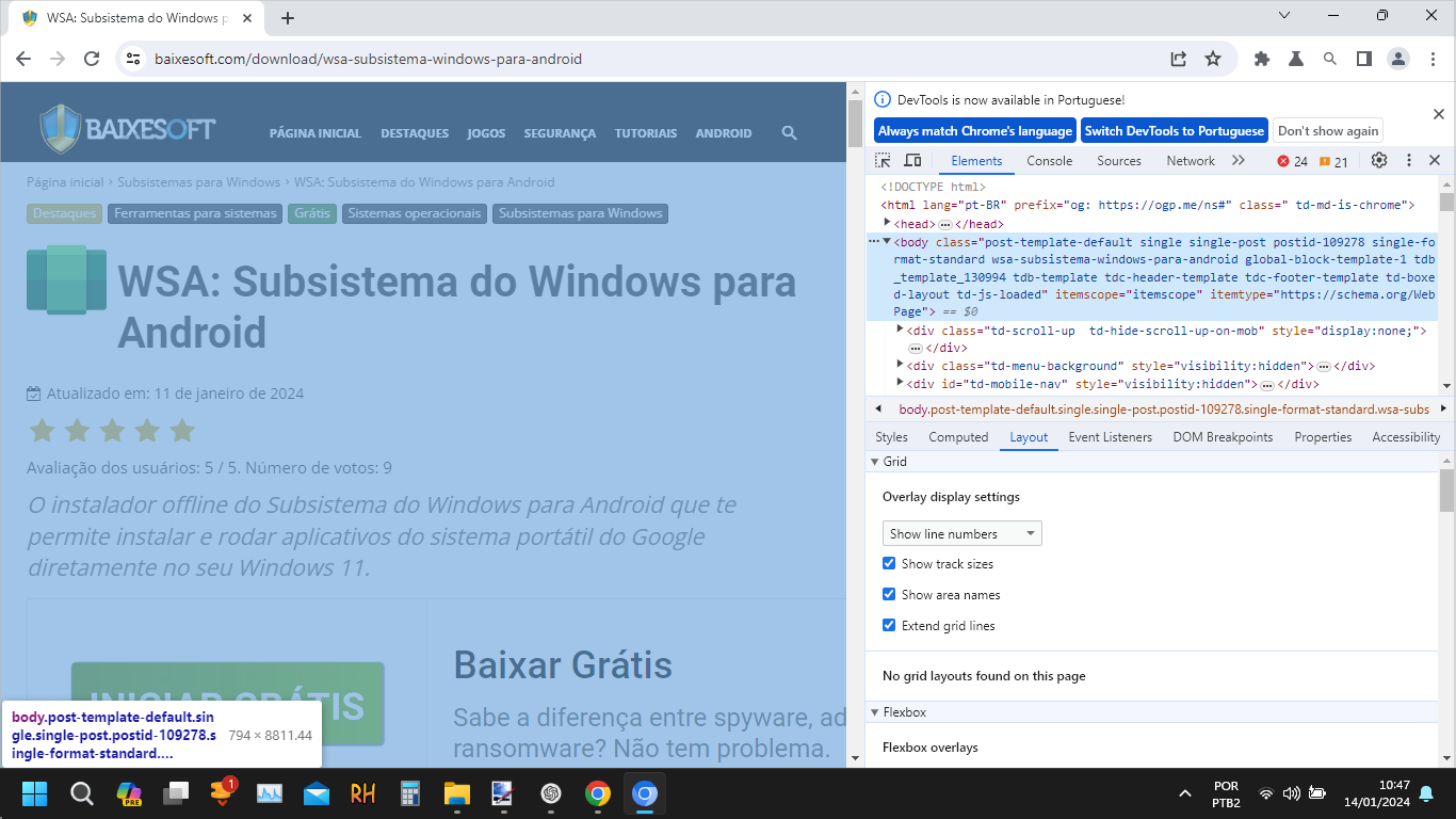 Captura de tela do Chromium demonstrando o uso das ferramentas do desenvolvedor (Dev Tools).