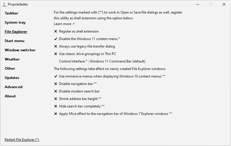 Explorerpatcher no menu "File Explorer" no Windows 11. A captura de tela mostra a opção para desativar o menu de contexto do Windows 11 de modo que o menu de contexto clássico seja ativado no lugar.