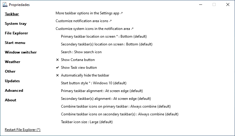 Explorerpatcher no menu inicial "Taskbar" no Windows 10.