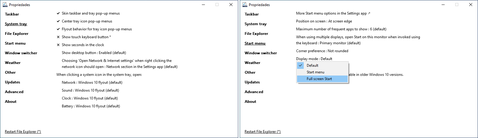 Menus de opções disponíveis do ExplorerPatcher no Windows 10. A imagem mostra 2 capturas de tela lado a lado. À esquerda mostra as opções disponíveis em "System tray". À direita mostra as opções disponíveis em "Start menu".