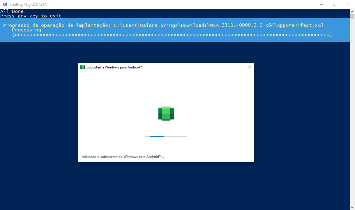 Captura de tela que mostra o WSA sendo instalado no Windows 10 por meio do PowerShell.