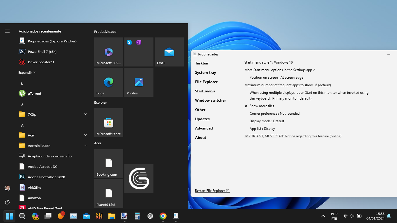 Captura de tela do explorerpatcher em ação. A demonstração mostra o estilo de menu iniciar do Windows 10 no Windows 11.