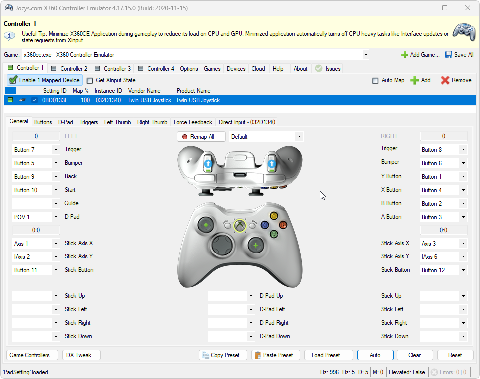 X360CE painel de controle