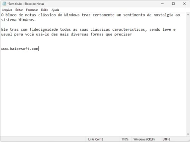 Captura de tela demonstrativa do bloco de notas clássico do Windows. Nesta captura há um texto demonstrativo escrito pelo Baixesoft.