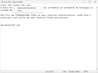 Captura de tela demonstrativa do bloco de notas clássico do Windows mostrando suas opções para o menu 