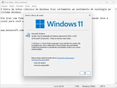 Captura de tela demonstrativa do bloco de notas clássico do Windows mostrando a opção 
