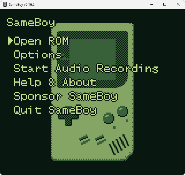 Captura de tela do SameBoy em sua interface principal