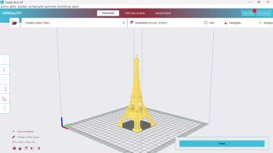 Captura de tela demonstrativa do Creality Slicer mostrando um modelo 3D carregado, o modelo é uma torre eiffel.