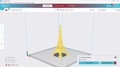 Captura de tela demonstrativa do Creality Slicer mostrando um modelo 3D carregado, o modelo é uma torre eiffel. Nessa captura o modelo 3D já foi fatiado e mostra o tempo estimado para impressão 3D.
