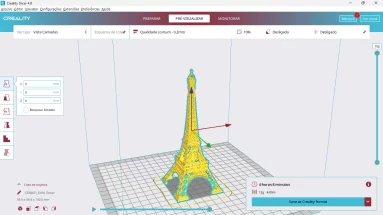 Captura de tela demonstrativa do Creality Slicer mostrando um modelo 3D carregado, o modelo é uma torre eiffel. Nessa captura o modelo 3D já foi fatiado e mostra o tempo estimado para impressão 3D com alguns detalhes adicionais de visualização.