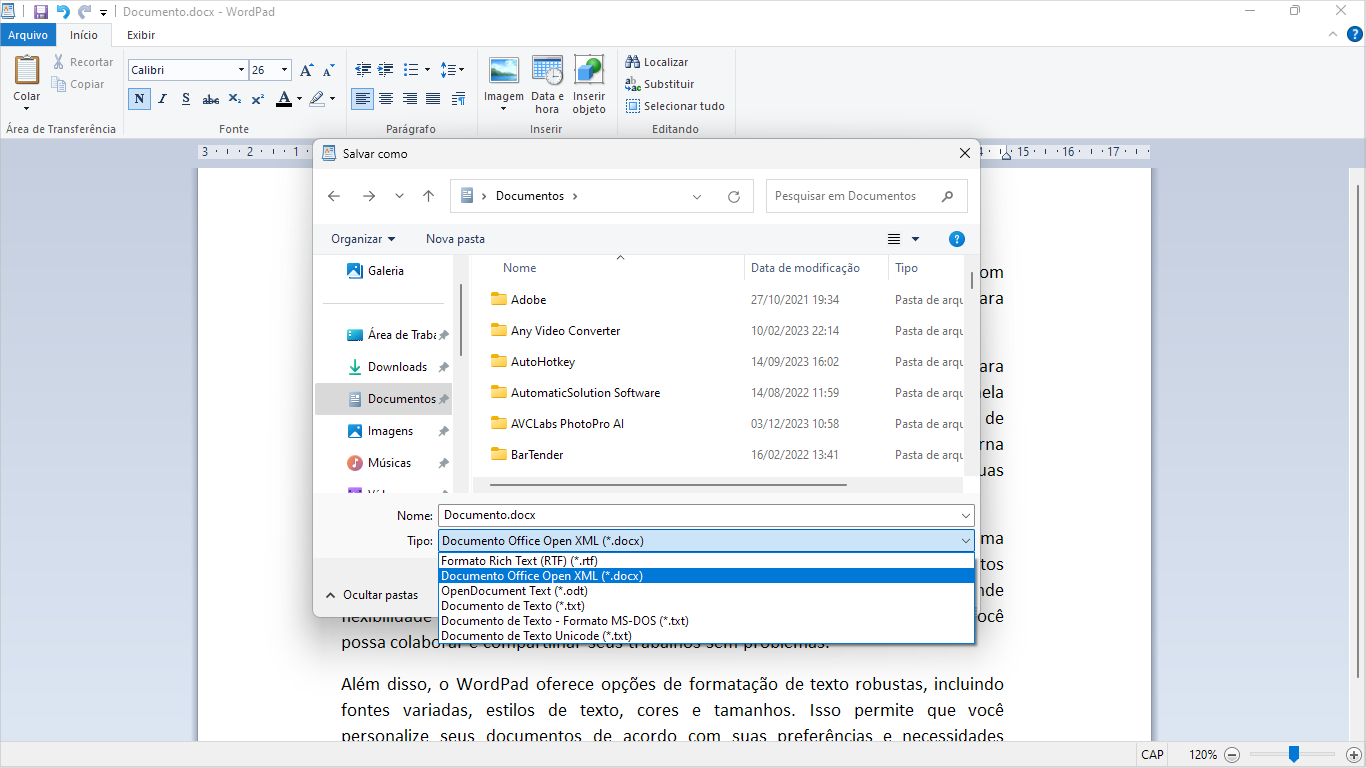 Captura de tela demonstrativa mostrando os formatos disponíveis para salvamento no WordPad.